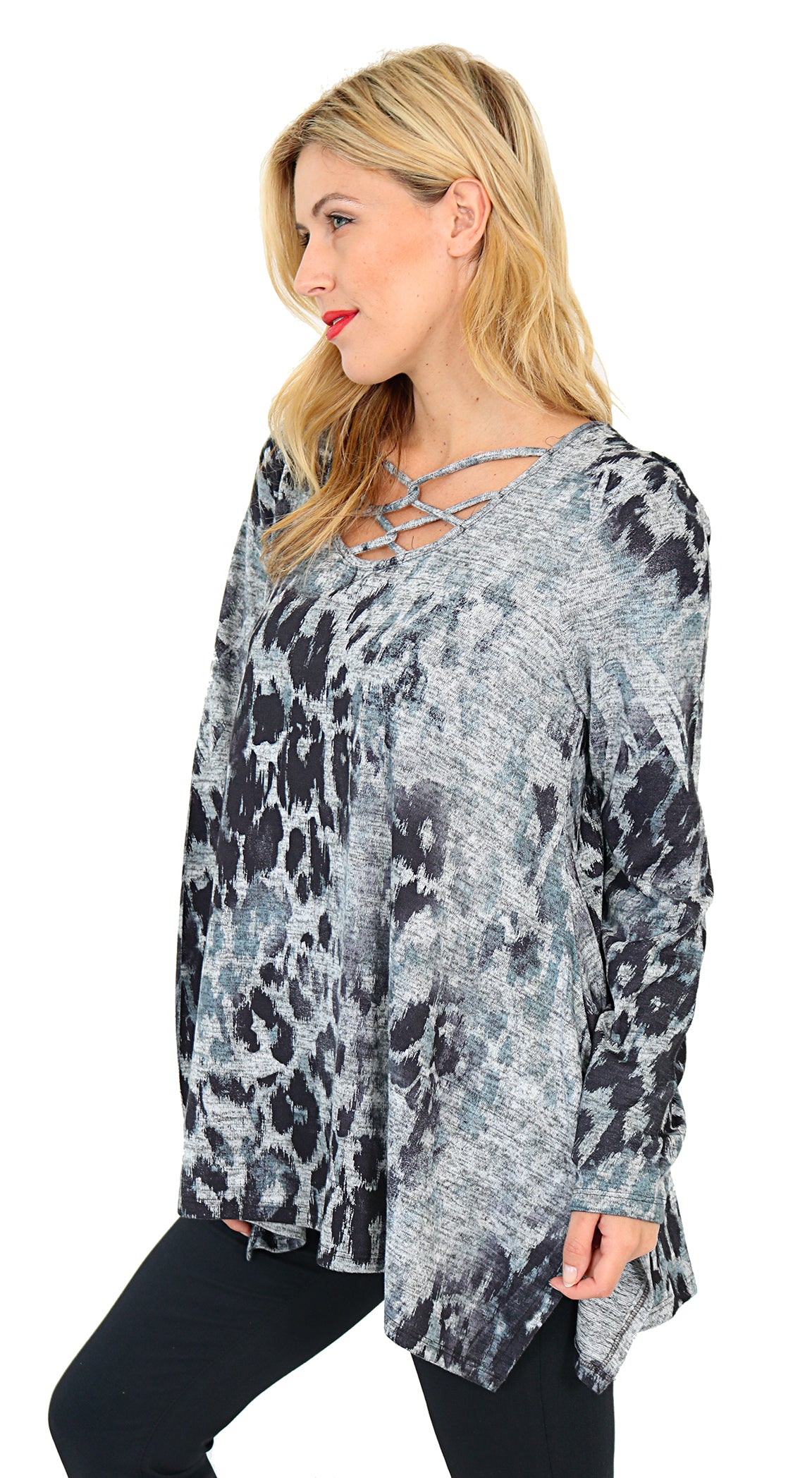 Impulse California Women’s Long Sleeve Animal Print Crisscross Sweater