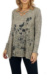Impulse California Women’s Black Floral Long Sleeve Crisscross Sweater