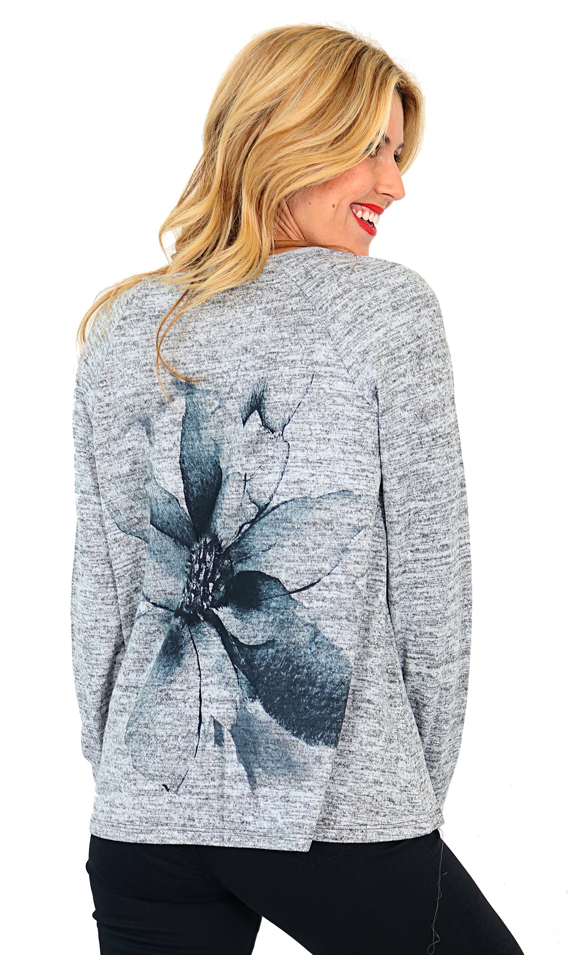 Impulse California Women's Blue Flower Patch Pocket Sweater
