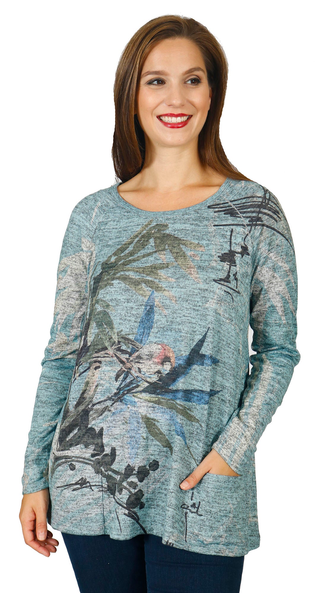 Impulse California Women's Bird Watercolor Patch Pocket Sweater
